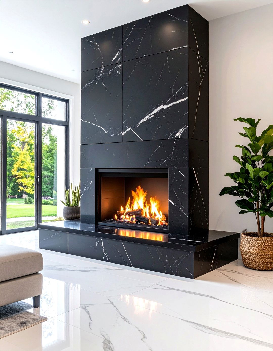 Dramatic Black Veined Quartz Fireplace Surround - 20 Quartz Fireplace Surround Ideas