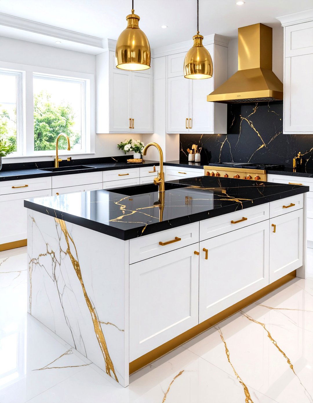 Dramatic Black and Gold Veined Quartz Kitchen Countertops - 20 Quartz Kitchen Countertops
