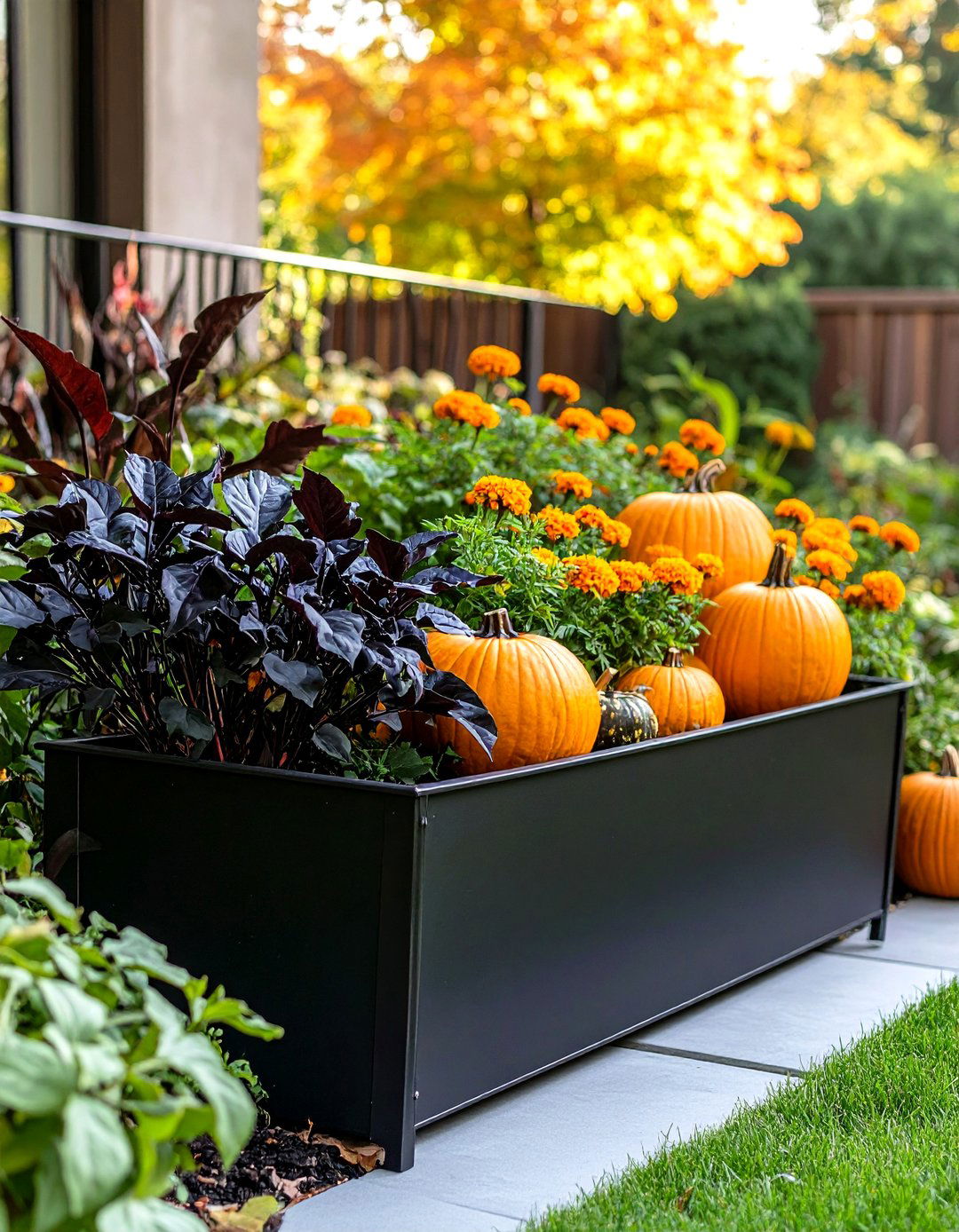 Dramatic Black and Orange Fall Flower Box Contrast - 20 Fall Flower Box Ideas