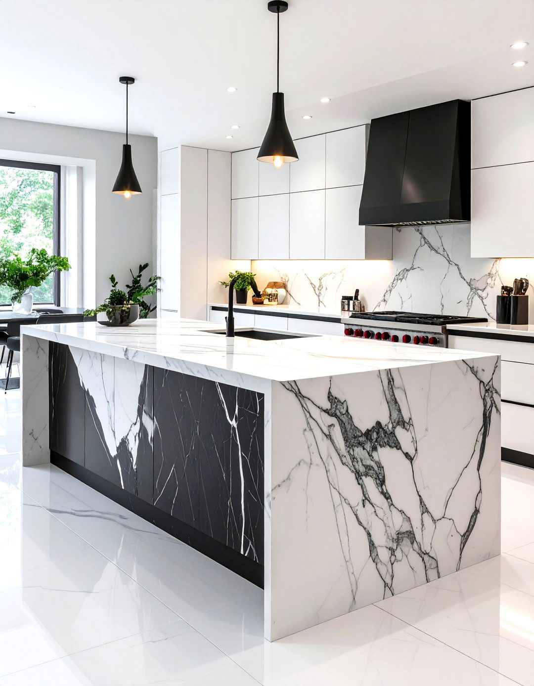 Dramatic Black and White Veined Waterfall Kitchen Island - 20 Waterfall Kitchen Island Ideas