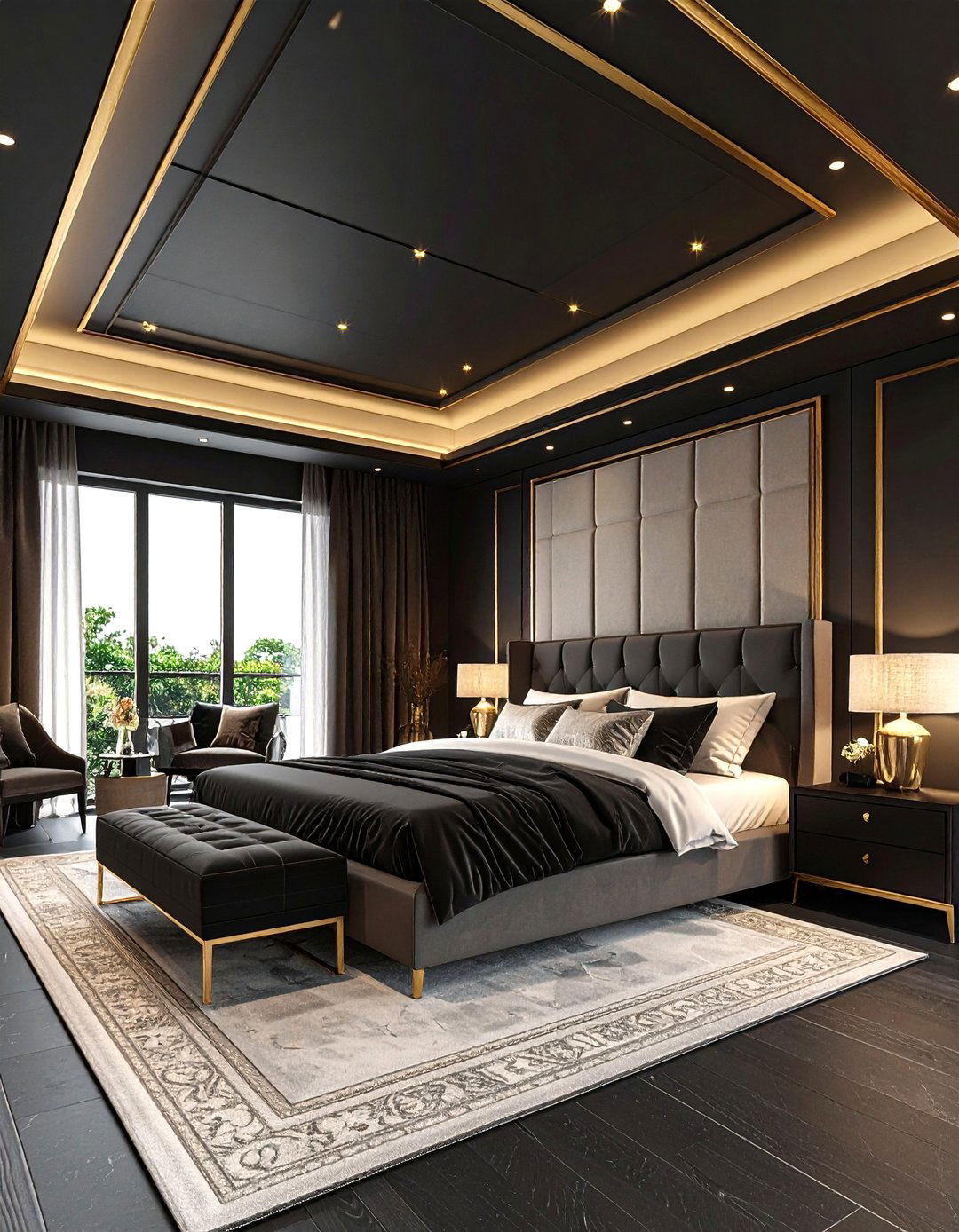 Dramatic Ceiling Emphasis with Golden Trim - 20 Black and Gold Bedroom Ideas