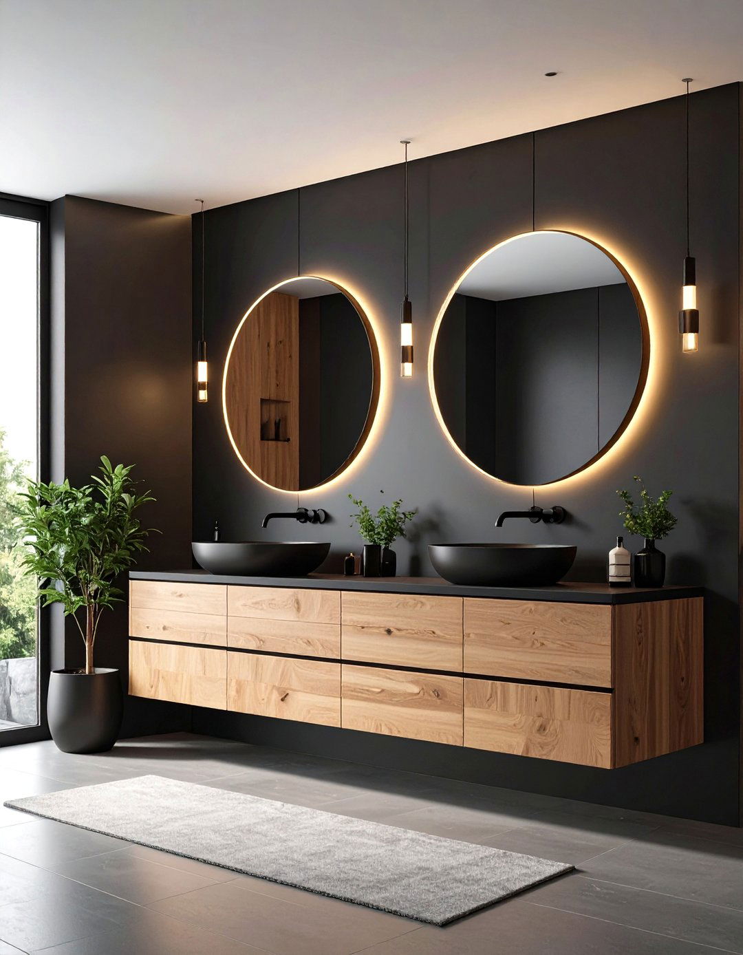 Dramatic Contrast with Matte Black Walls and Oak Vanity - 20 Black and Wood Bathroom Ideas