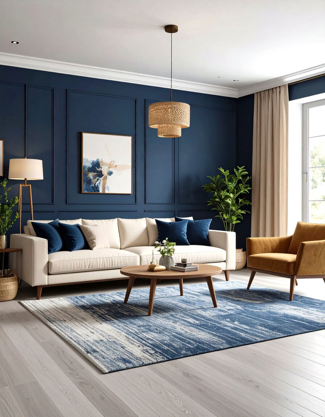 Dramatic Dark Blue Wall Grey Floor Living Room with Blue Walls Statement Design - 20 grey floor living room with blue walls ideas