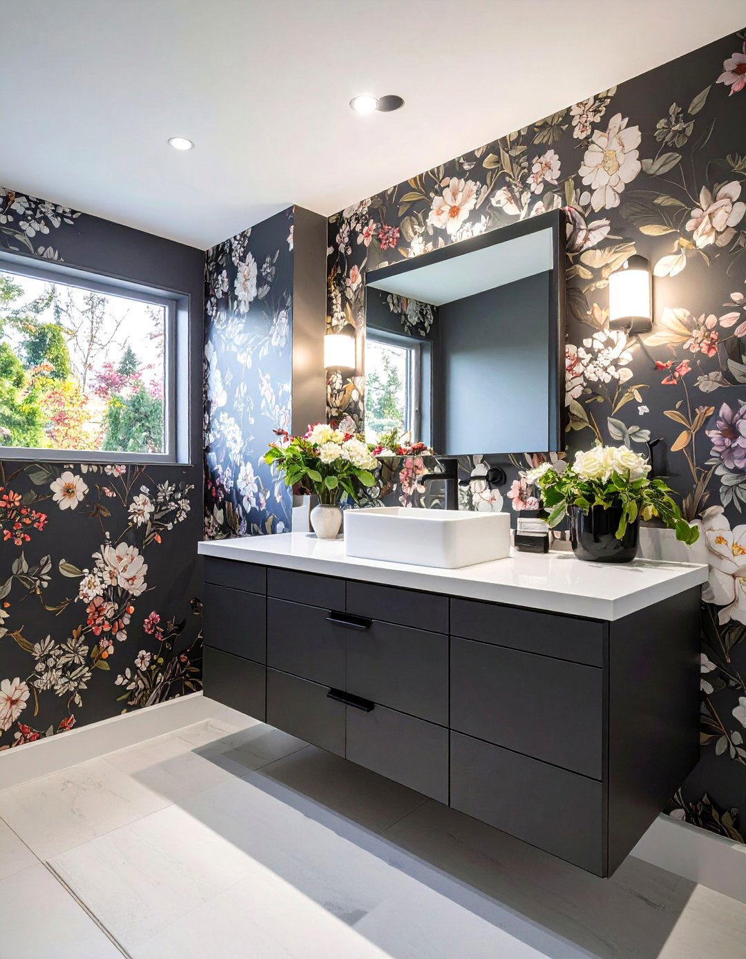 Dramatic Floral Wallpaper Splash - 20 Black and White Powder Room Ideas