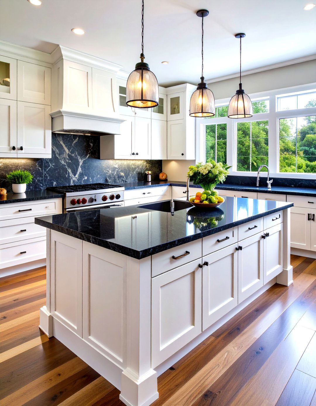 Dramatic Waterfall Edge Quartz Kitchen Countertops in Midnight Black - 20 Quartz Kitchen Countertops