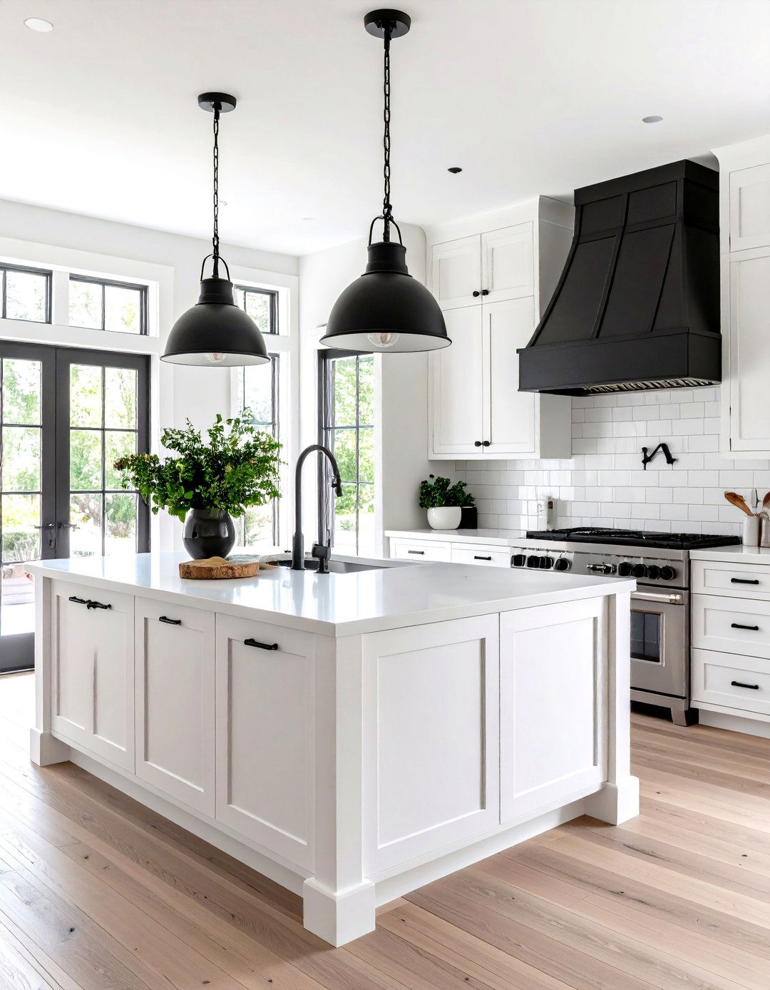 Dramatic White Farmhouse Kitchen with Statement Lighting - 20 White Farmhouse Kitchen Ideas