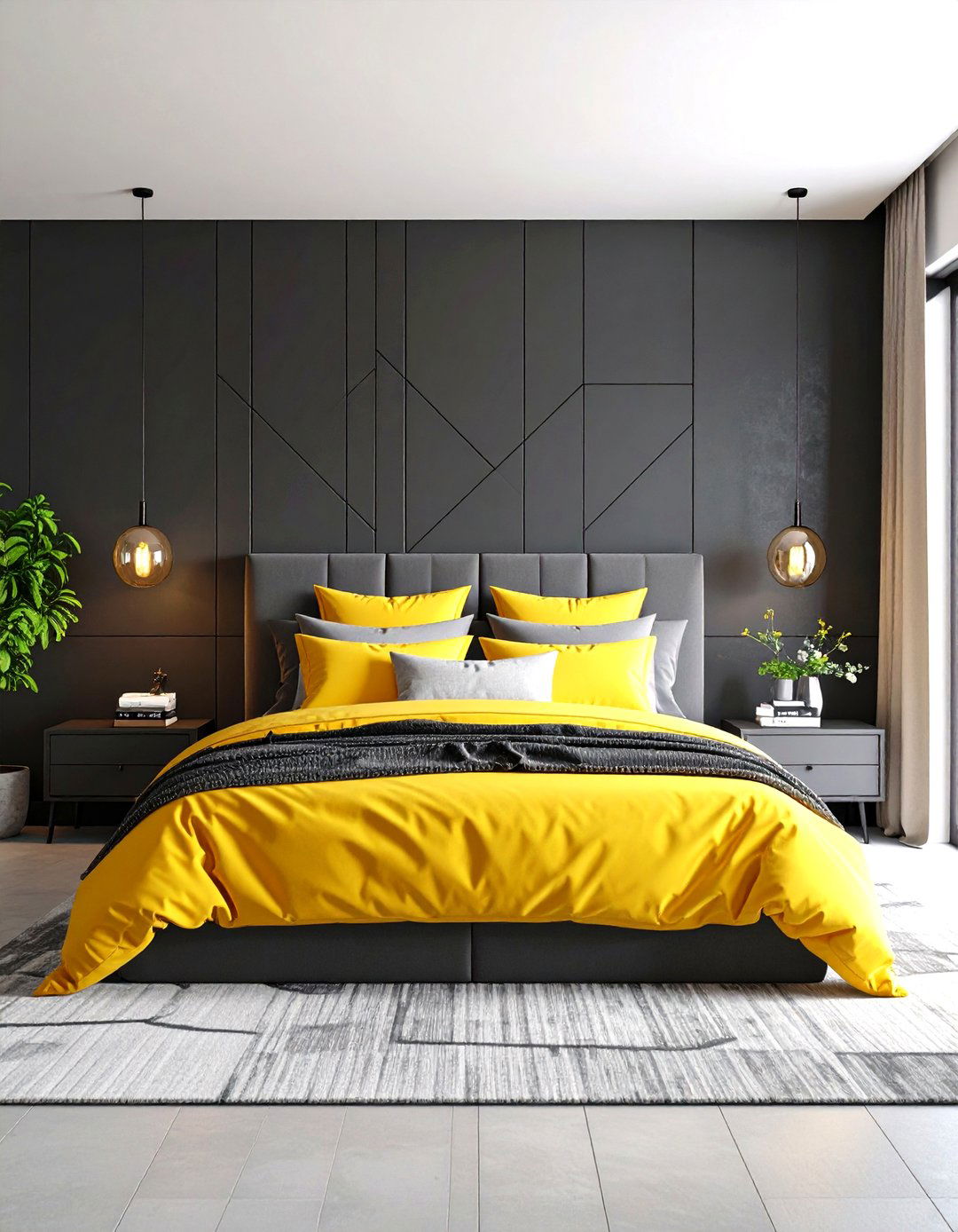 Dramatic Yellow and Grey Bedroom Contrast - 20 Yellow and Grey Bedroom Ideas