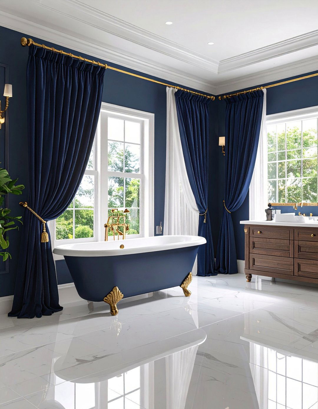 Draped Blue Curtains with Gold Rods and Finials - 20 Blue and Gold Bathroom Ideas