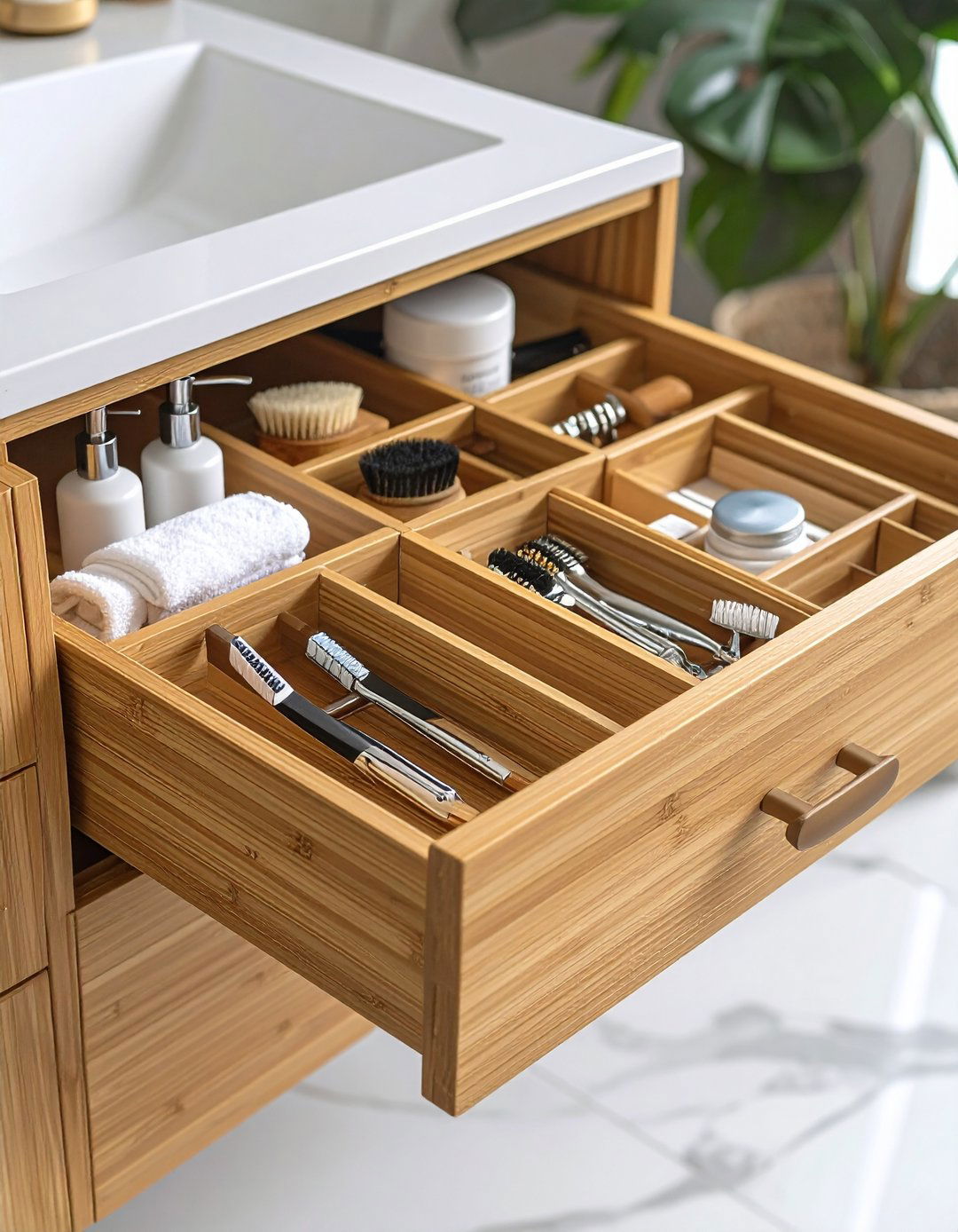 Drawer Dividers Nearby Keep Overflow Off the Bathroom Counter - 20 Bathroom Counter Organization Ideas