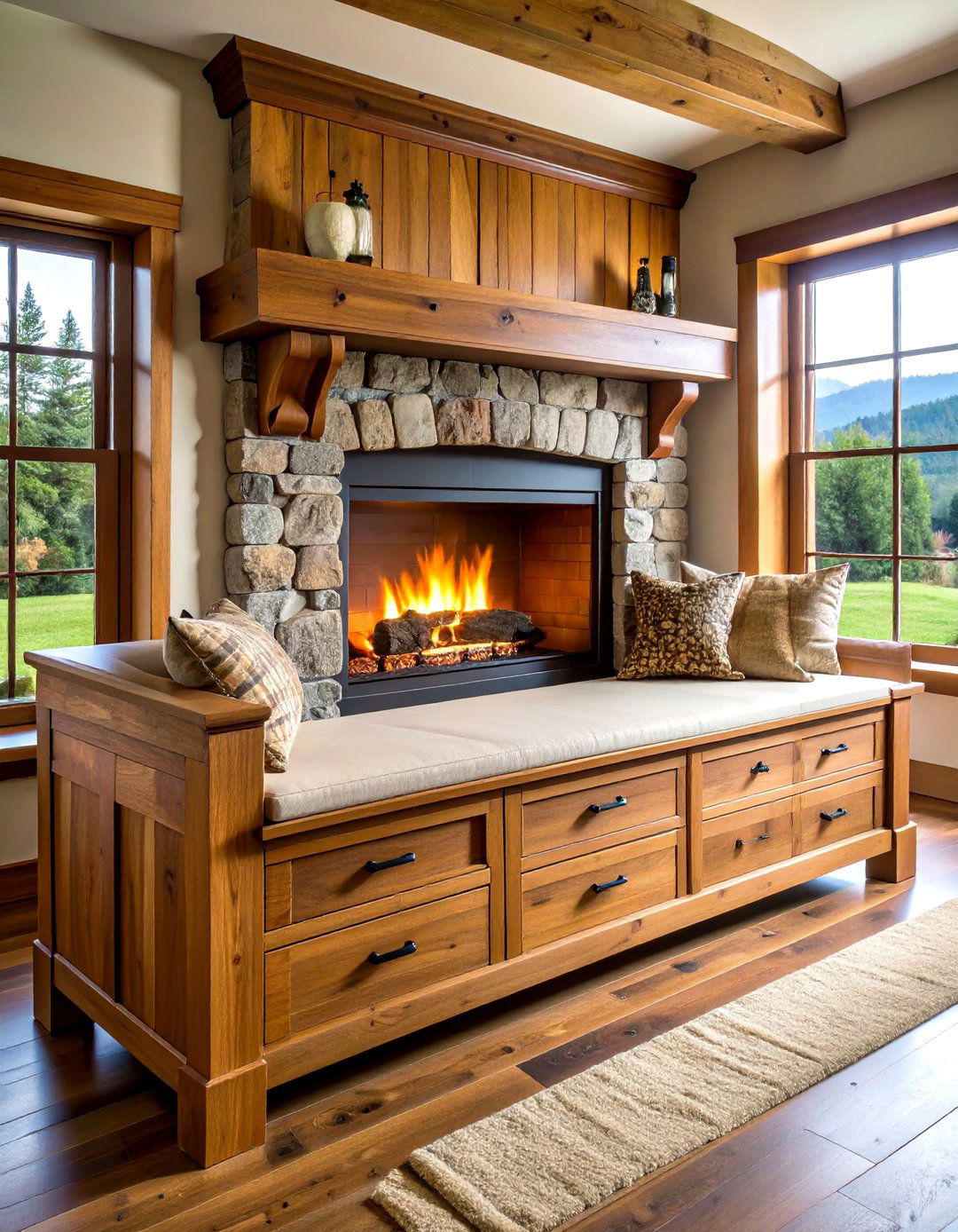 Drawer Packed Wooden Fireplace Bench for Hidden Storage - 20 Fireplace Bench Ideas