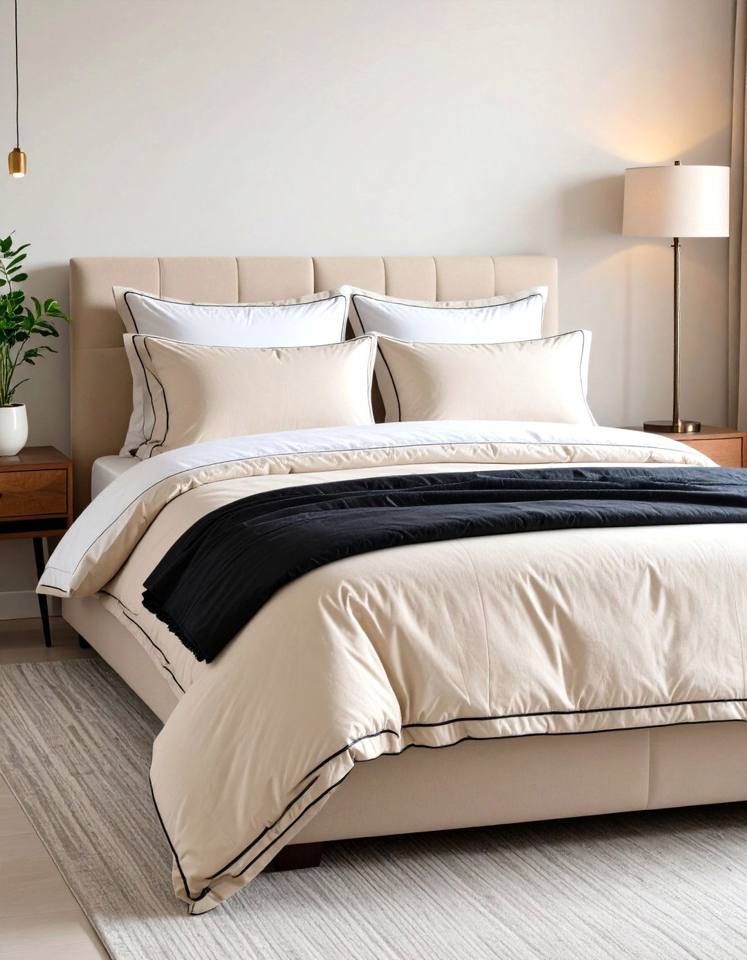 Dress the Bed in Cream Hotel Sheets with Black Piping - 20 Cream and Black Bedroom Ideas