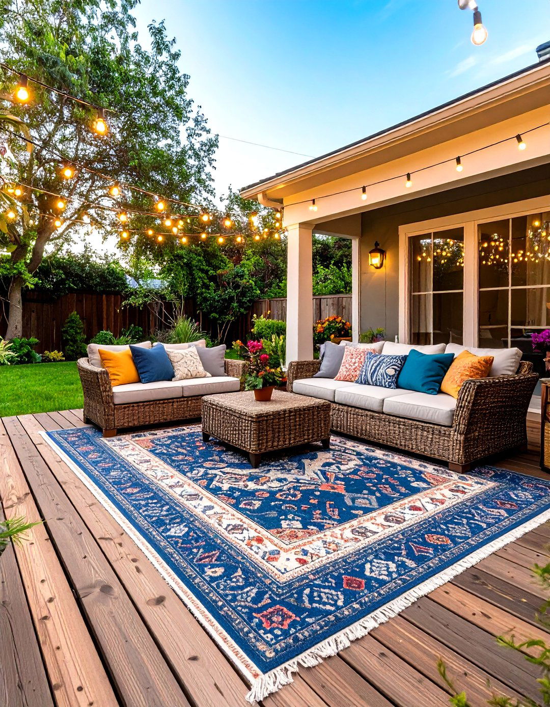 Dress the Patio in Layered Rugs and Lights - 20 Boho Farmhouse Decor Ideas