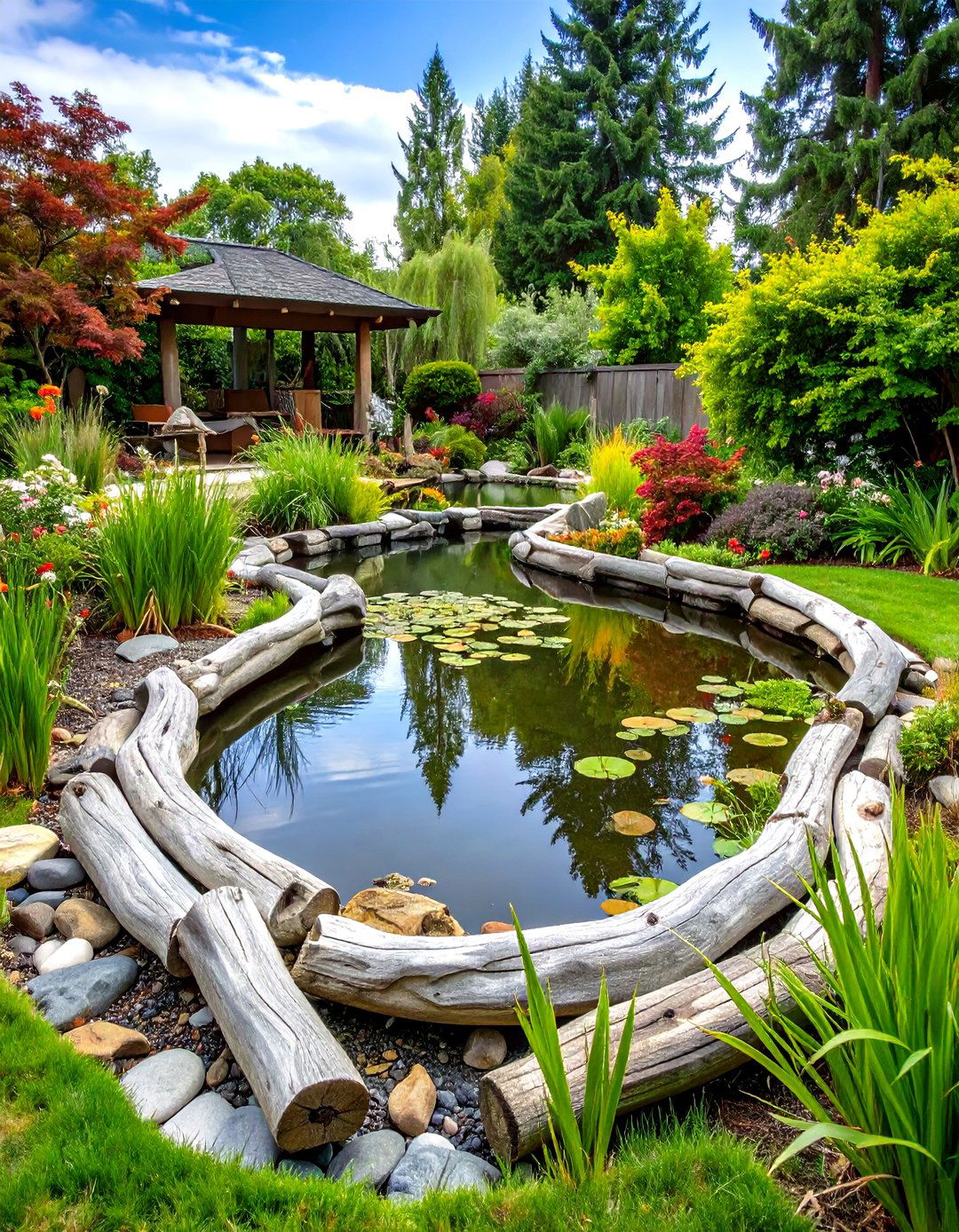 Driftwood Log Pond Edging - 20 Pond Edging Ideas