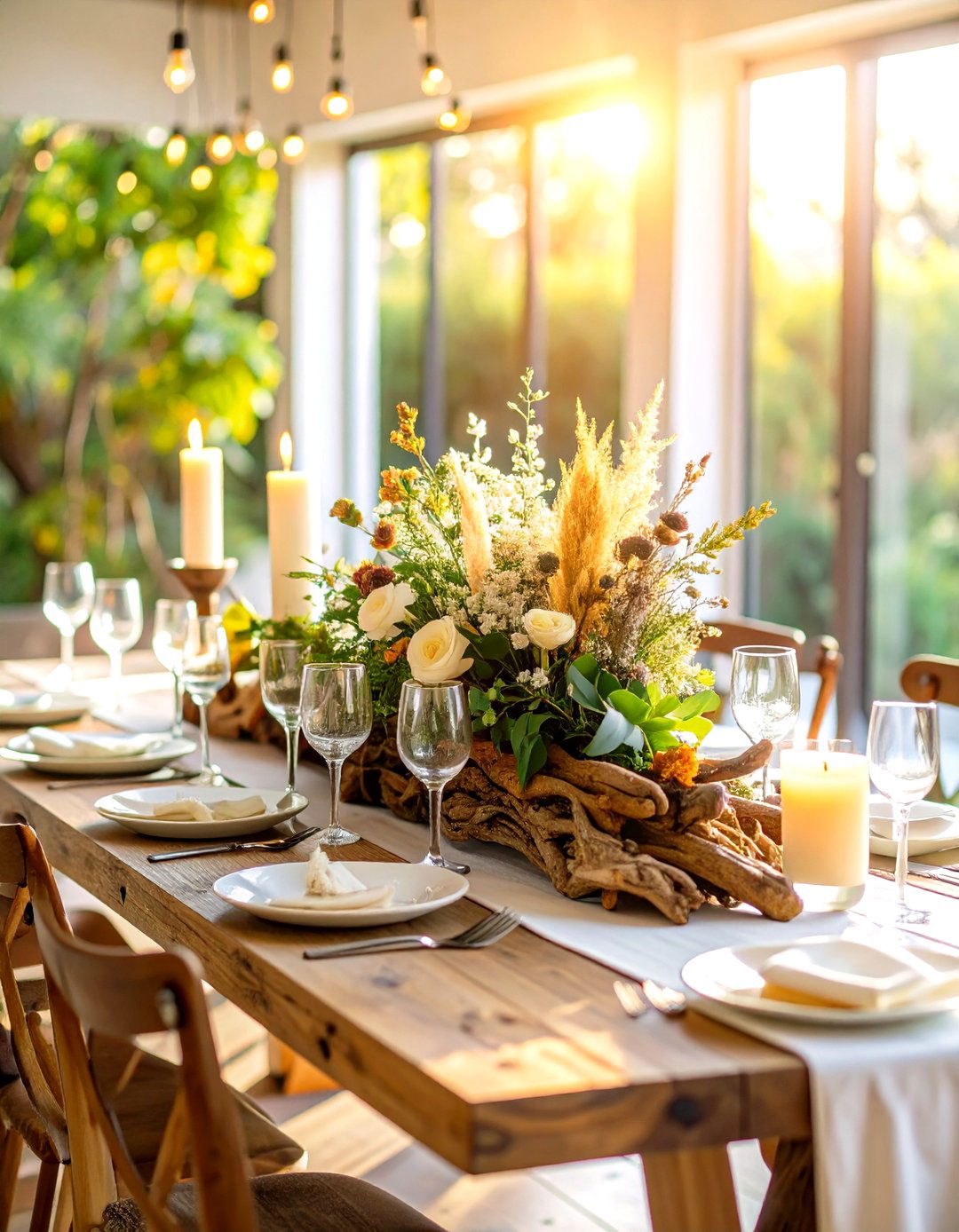 Driftwood and Dried Floral Sculpture - 20 Dining Table Centerpiece Ideas