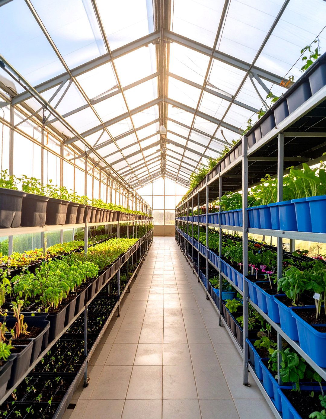 Drip Tray Greenhouse Shelving with Built In Water Catchment - 20 Greenhouse Shelving Ideas