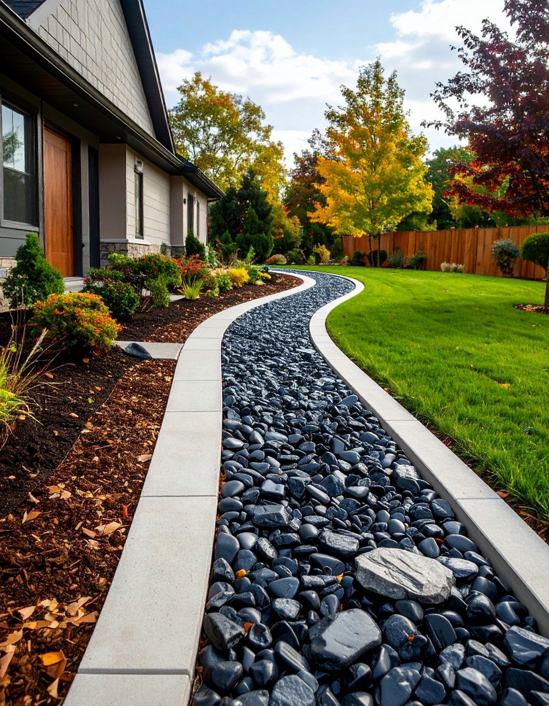 Driveway Accent Ribbon of Black River Rock - 20 Black River Rock Landscaping Ideas