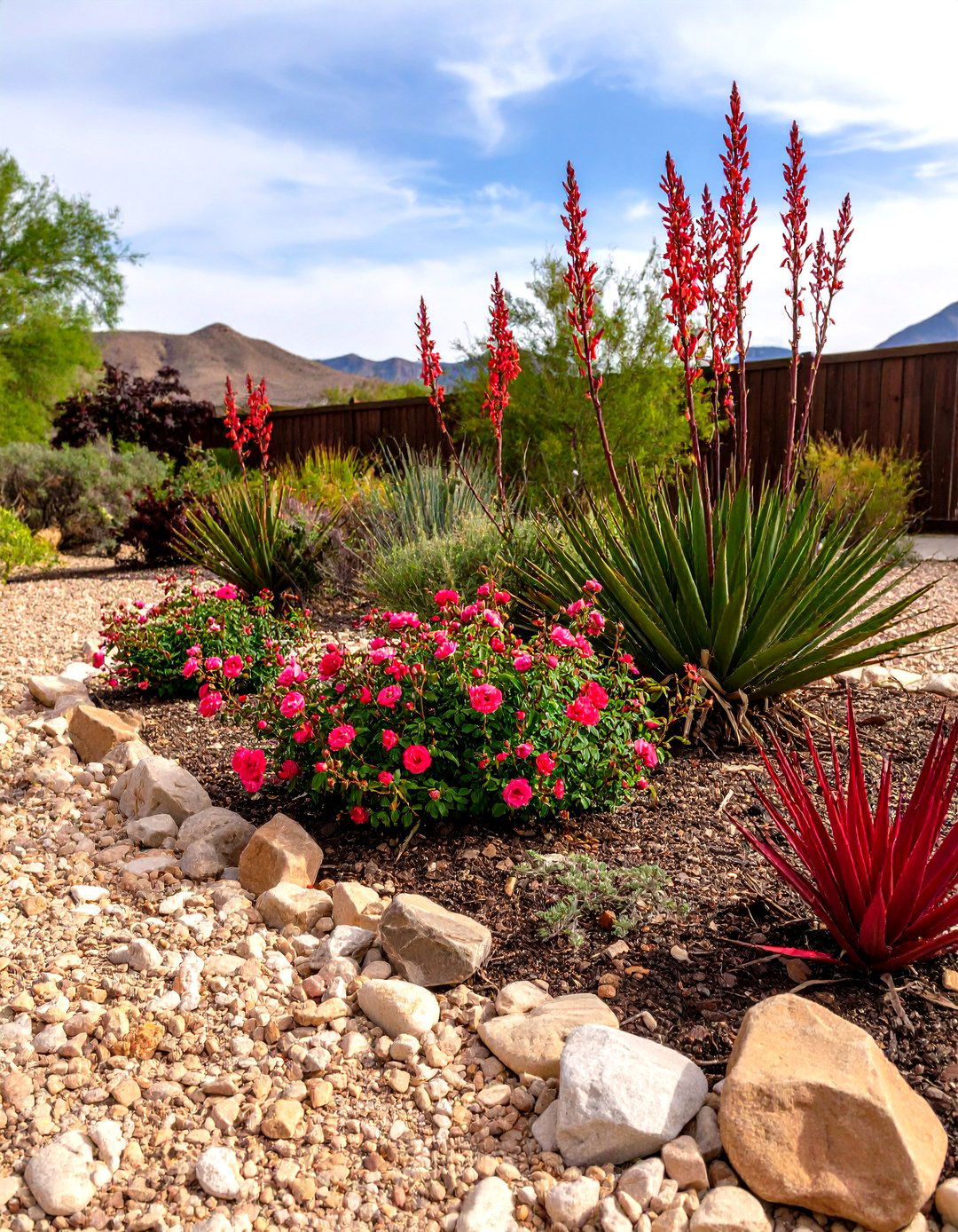 Drought Tolerant Rock Rose and Red Yucca Flower Bed - 20 Front Yard Texas Flower Bed Ideas