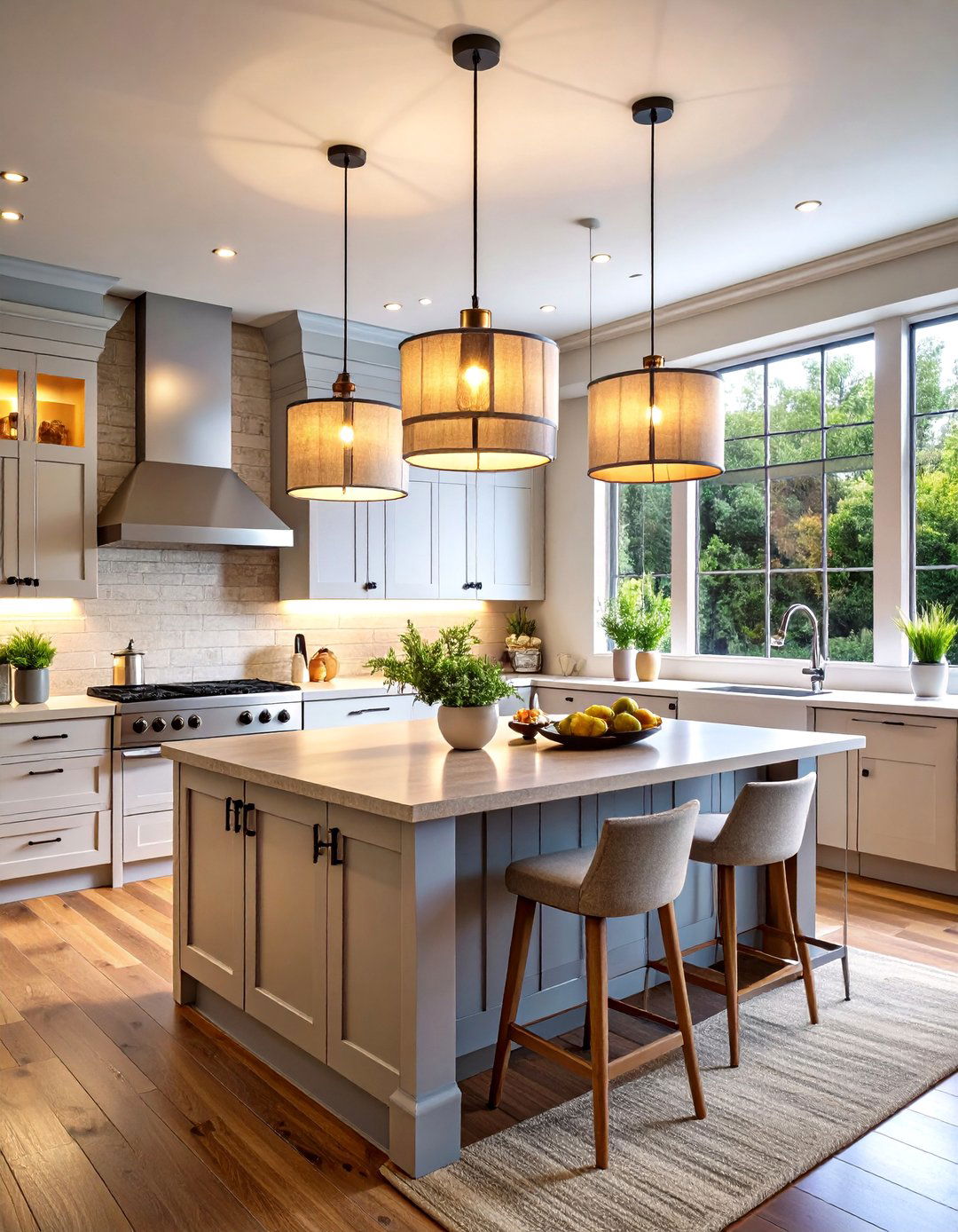 Drum Shade Kitchen Island Lighting for Soft Diffused Illumination - 20 Kitchen Island Lighting Ideas