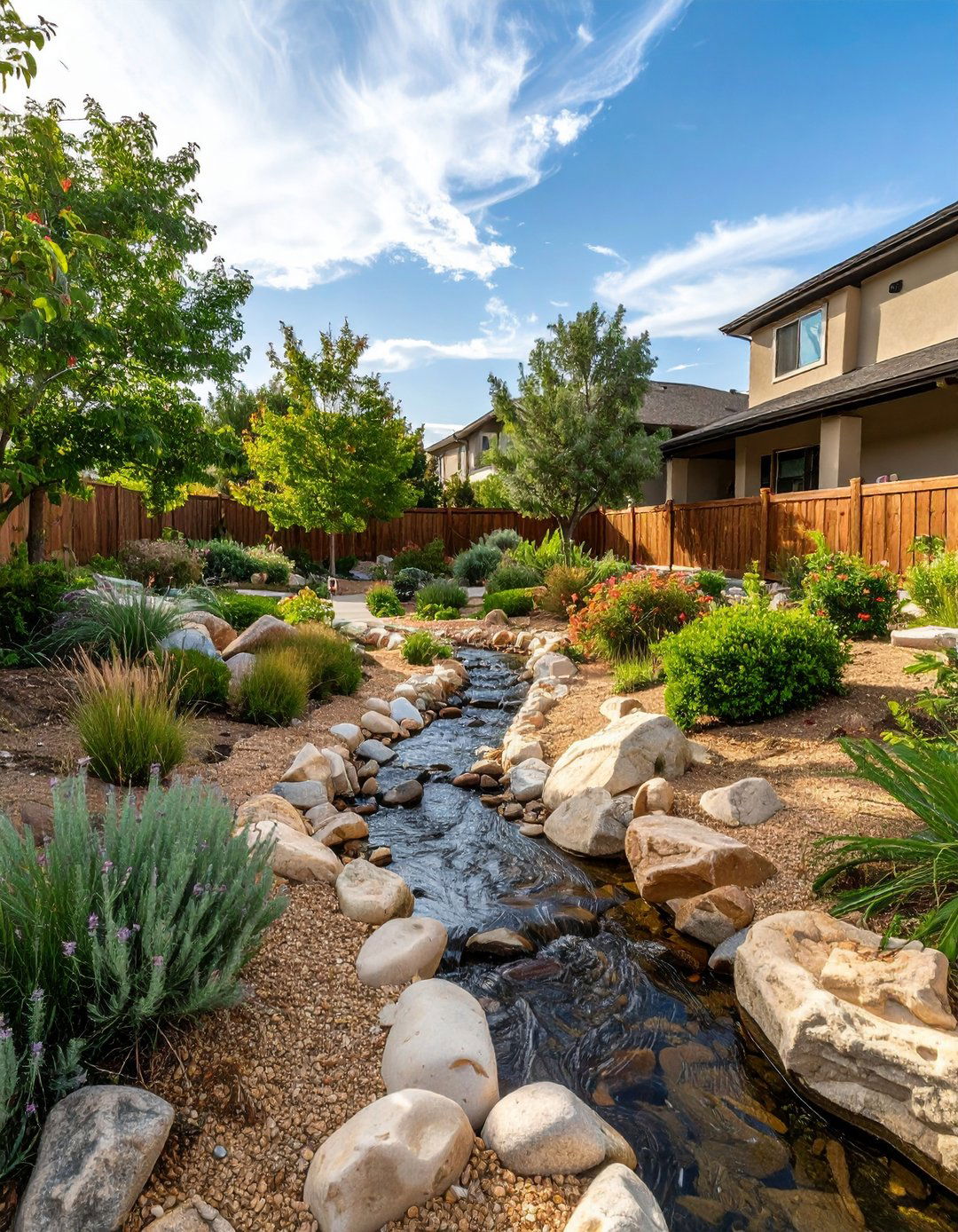 Dry Creek Bed Swale for Decorative Drainage - 20 Down Sloped Backyard Ideas