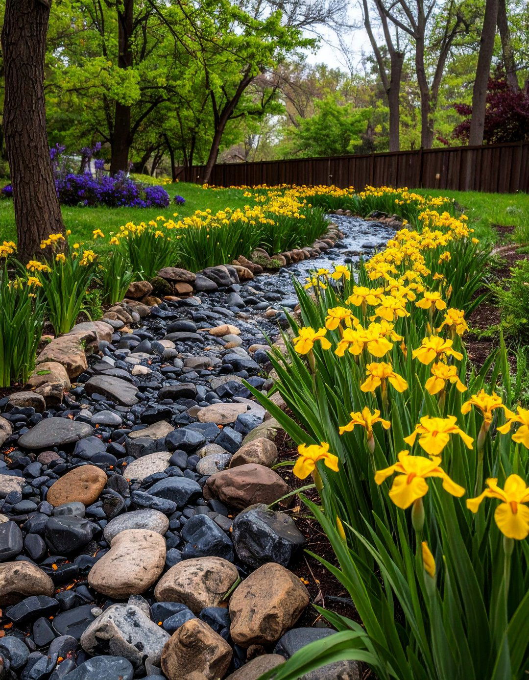 Dry Creek Bed for Invisible Drainage - 20 Black River Rock Landscaping Ideas