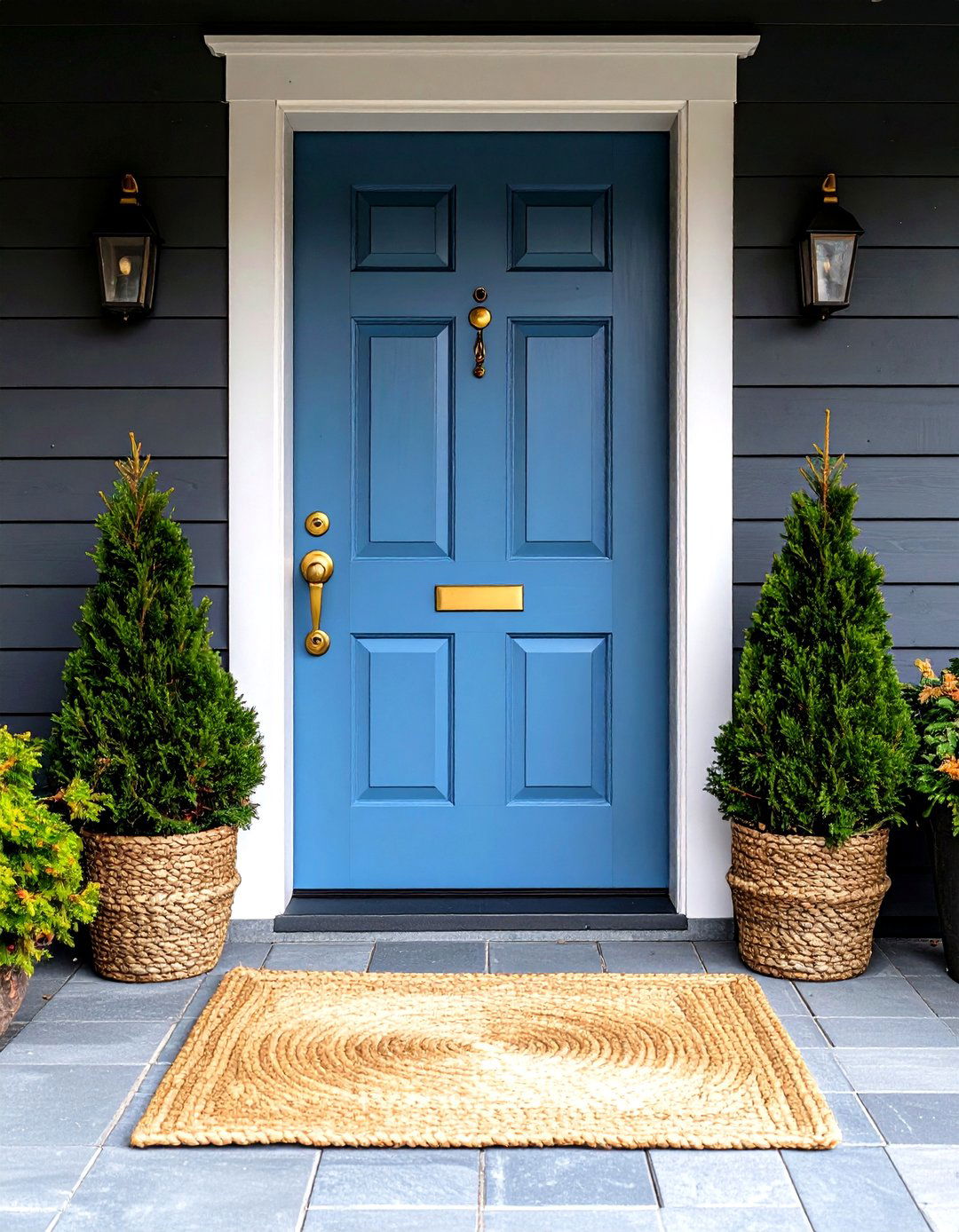Dusty Blue Door on Dark Grey Clapboard - 20 Grey House With Blue Door Ideas