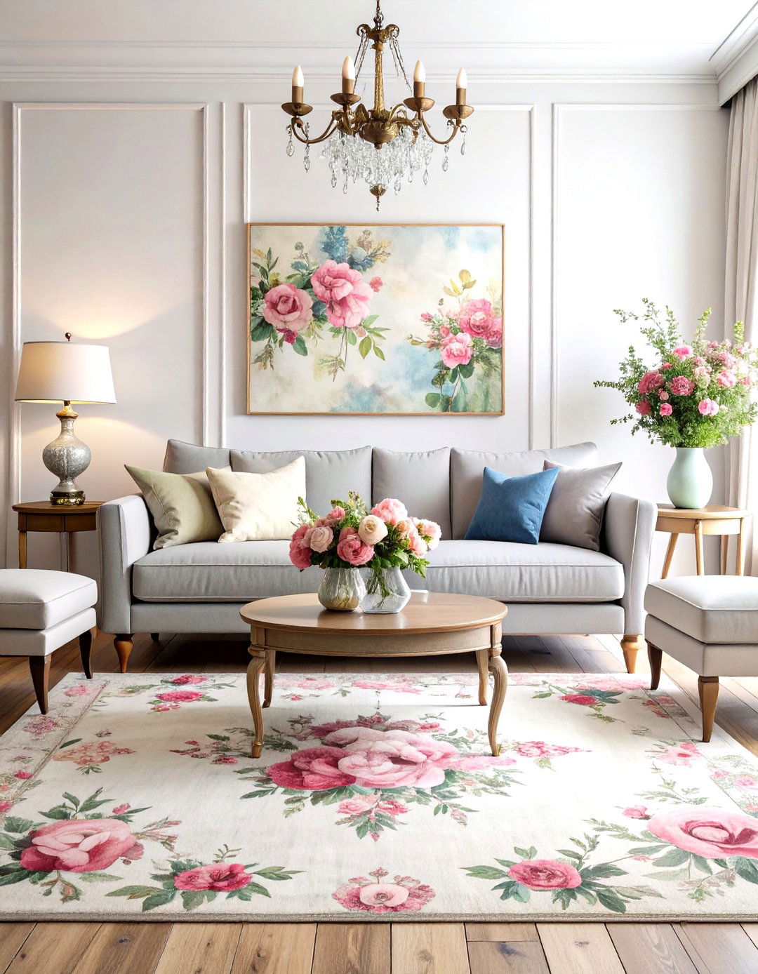 Dusty Rose Floral Rug with a Grey Couch - 20 what color rug goes with a grey couch