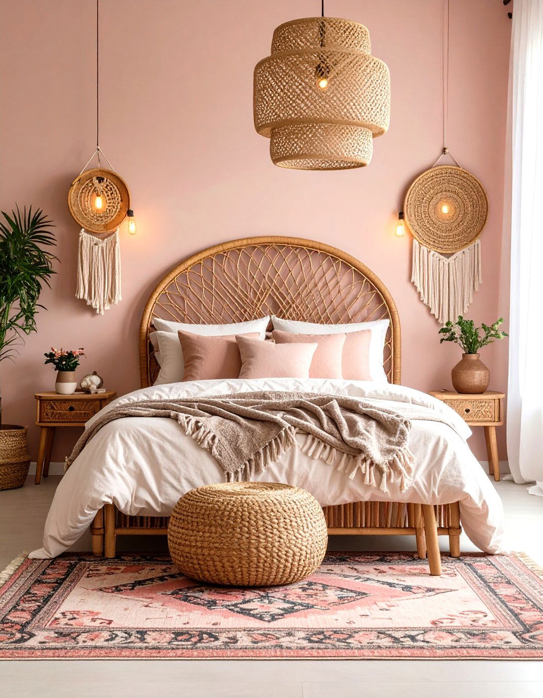 Dusty Rose Pink Boho Bedroom with Rattan Headboard - 20 Pink Boho Bedroom Ideas