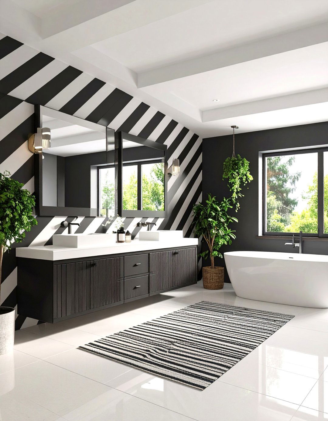 Dynamic Diagonal Stripes for Optical Illusion - 20 Black and White Powder Room Ideas