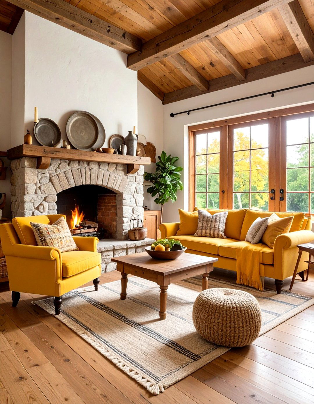 Early American Primitive Living Room with Mustard Yellow Touches - 20 Primitive Living Room Ideas