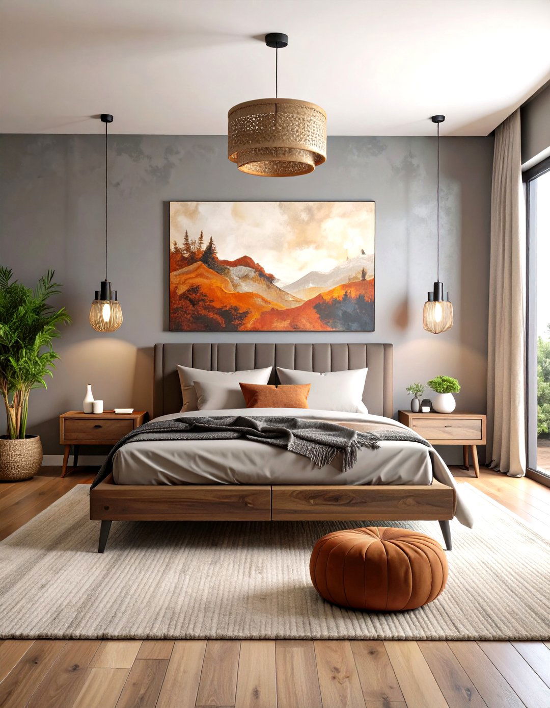 Earth Tone Abstract Artwork Complements the Grey Boho Bedroom - 20 Grey Boho Bedroom Ideas