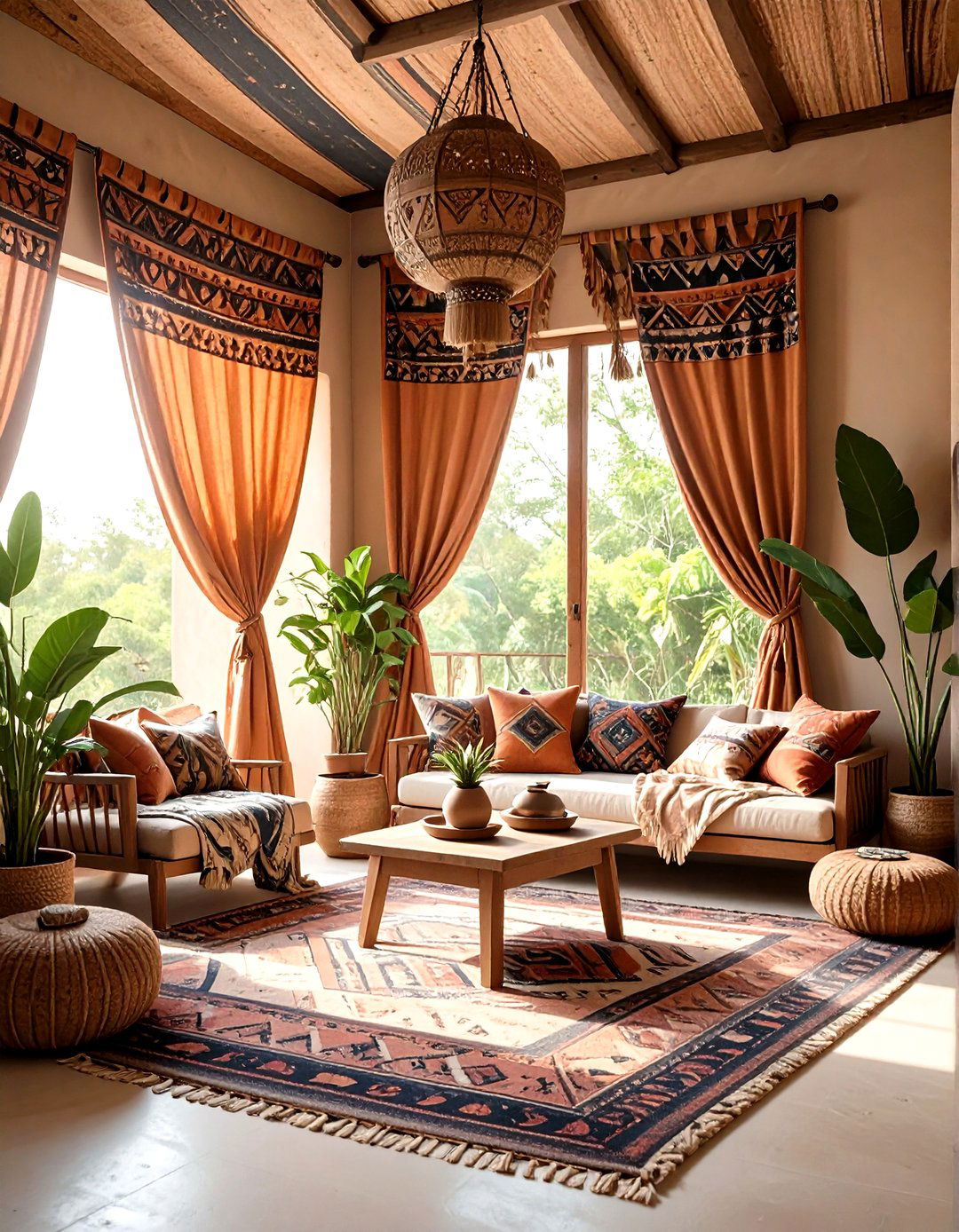 Earth Tone Aztec Curtains Ground a Neutral Room - 20 Boho Curtain Ideas
