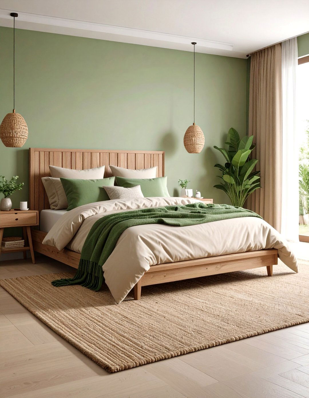 Earthy Jute Rugs for a Green and Beige Bedroom - 20 Green and Beige Bedroom Ideas