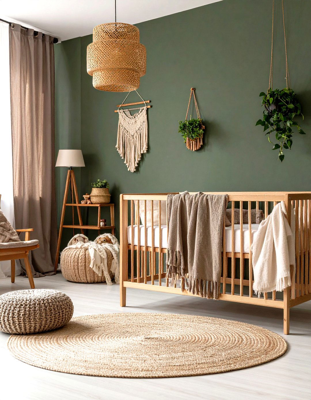 Earthy Stone Toned Textiles in a Dark Green Nursery - 20 Dark Green Nursery Ideas