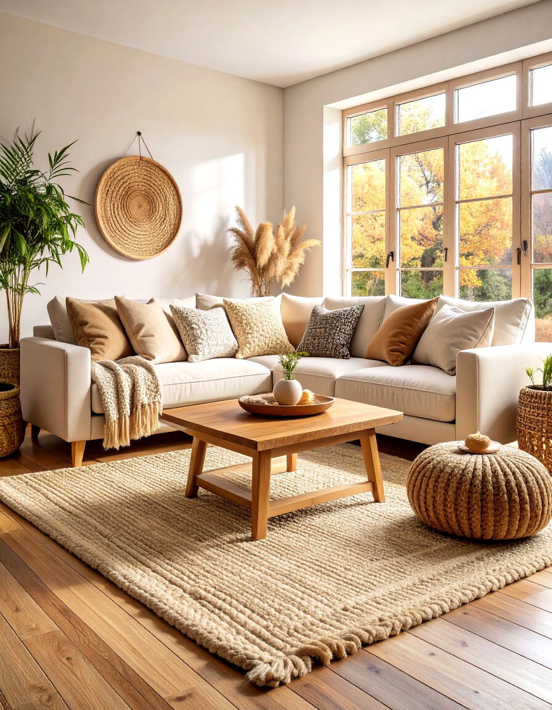 Earthy Textures Around a Cream Couch - 20 Cream Couch Living Room Ideas