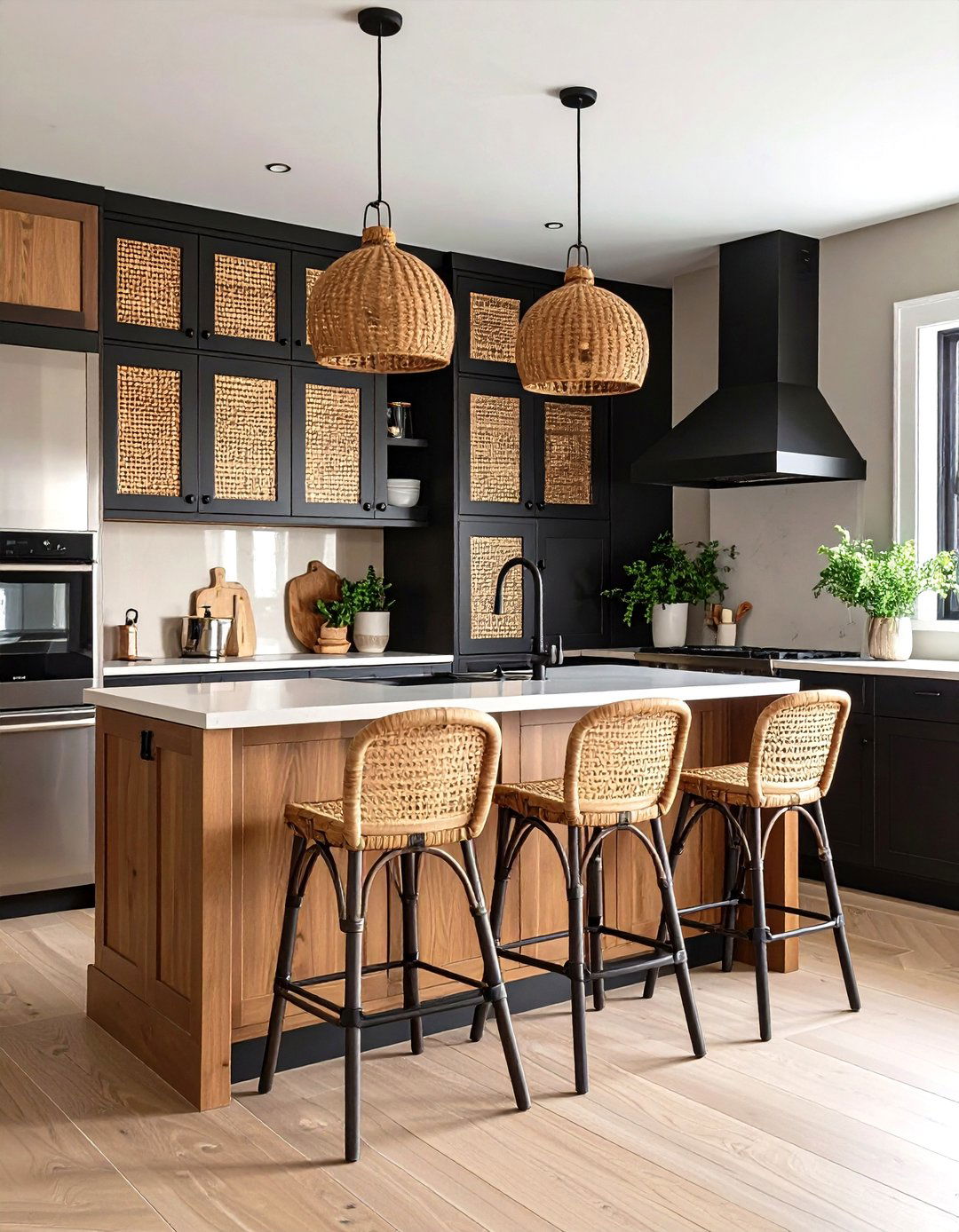 Ebony Pantry and Light Brown Rattan Front Kitchen - 20 Black and Brown Kitchen Ideas