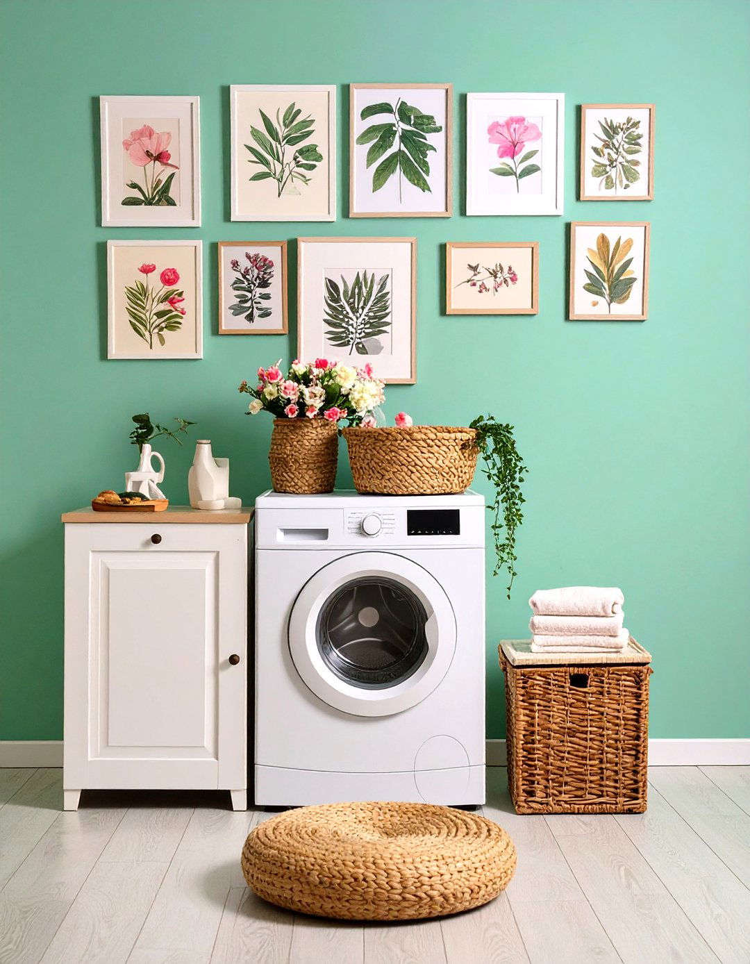 Eclectic Gallery Wall Personalizes Blank Sections - 20 Boho Laundry Room Ideas