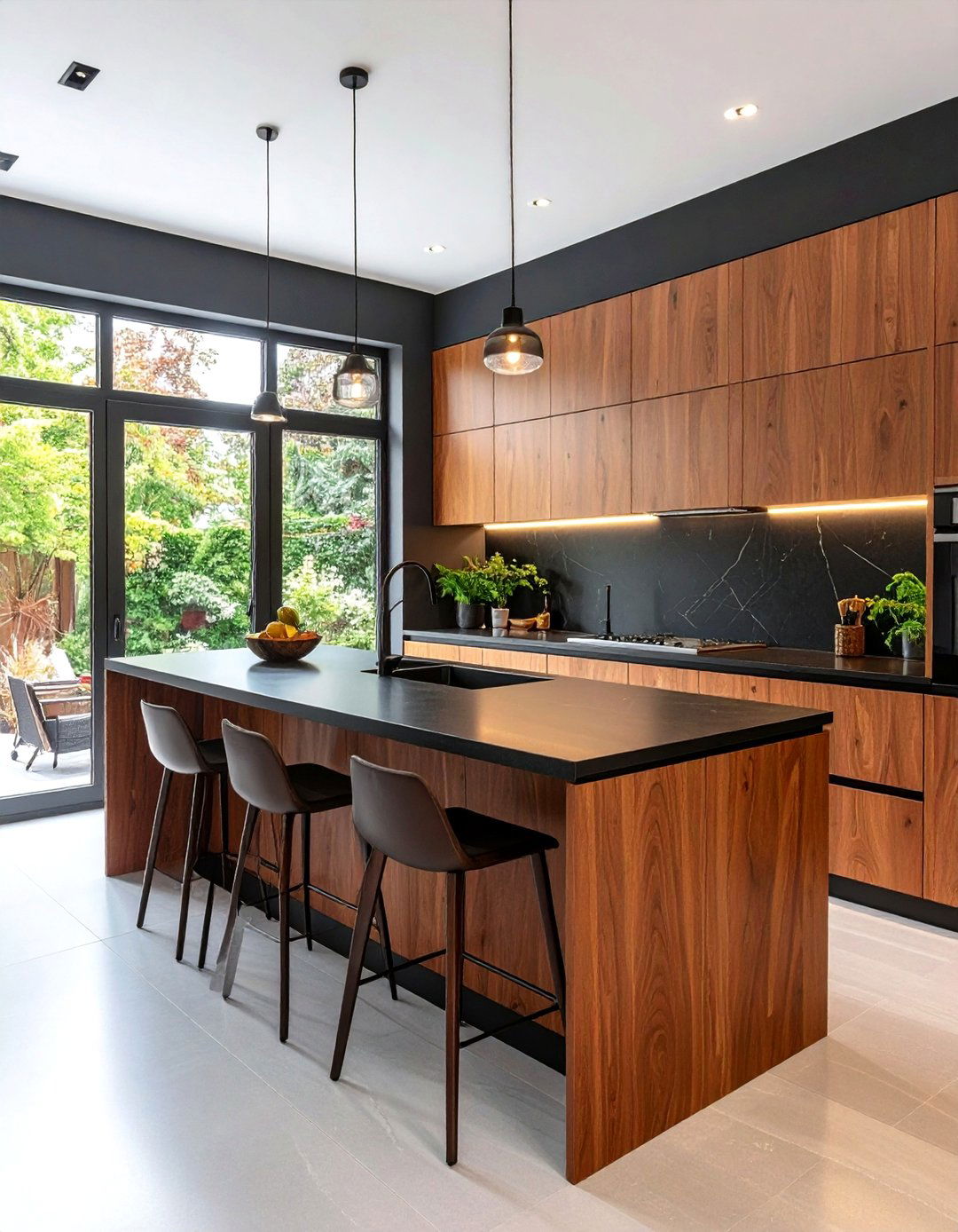 Eclectic Kitchen with Two Tone Brown and Cream Cabinets and Black Butcher Block Island - 20 kitchen with brown cabinets and black countertops ideas