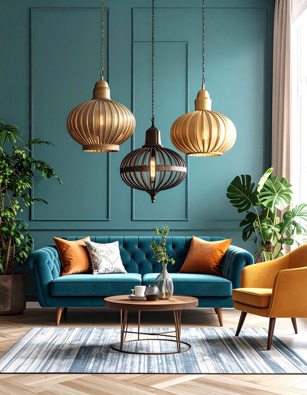 Eclectic Living Room Ceiling Lighting with Mixed Vintage Pendant Collection - 20 Living Room Ceiling Lighting Ideas