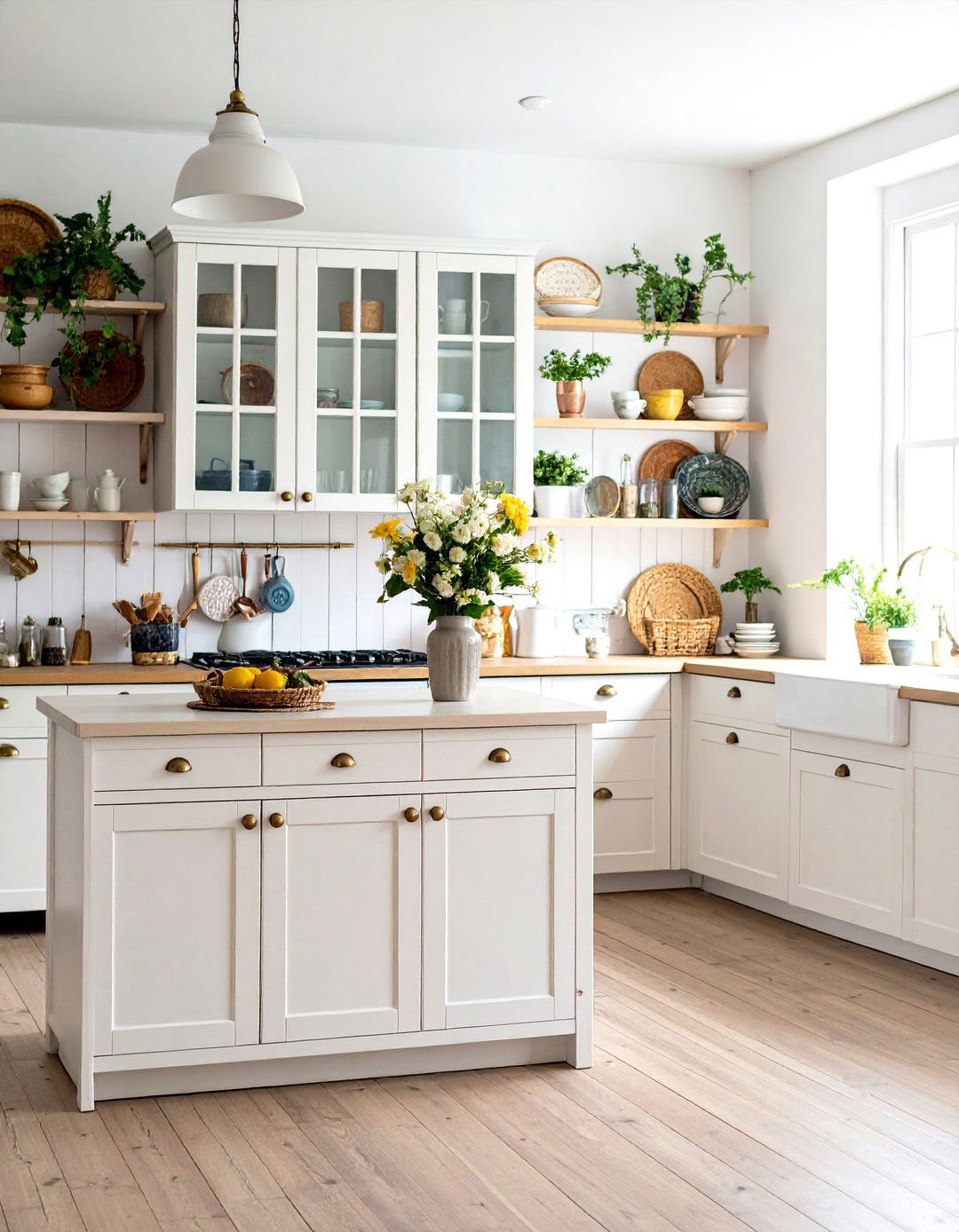 Eclectic White Farmhouse Kitchen with Vintage Accessories - 20 White Farmhouse Kitchen Ideas
