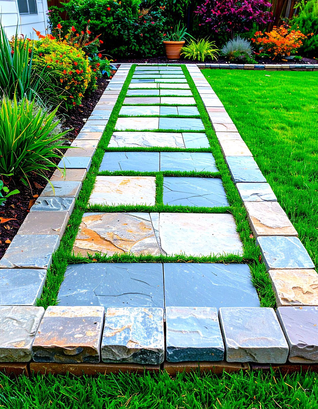 Edged Elegance Flagstone Patio with Natural Block Border - 20 Flagstone Patio Ideas