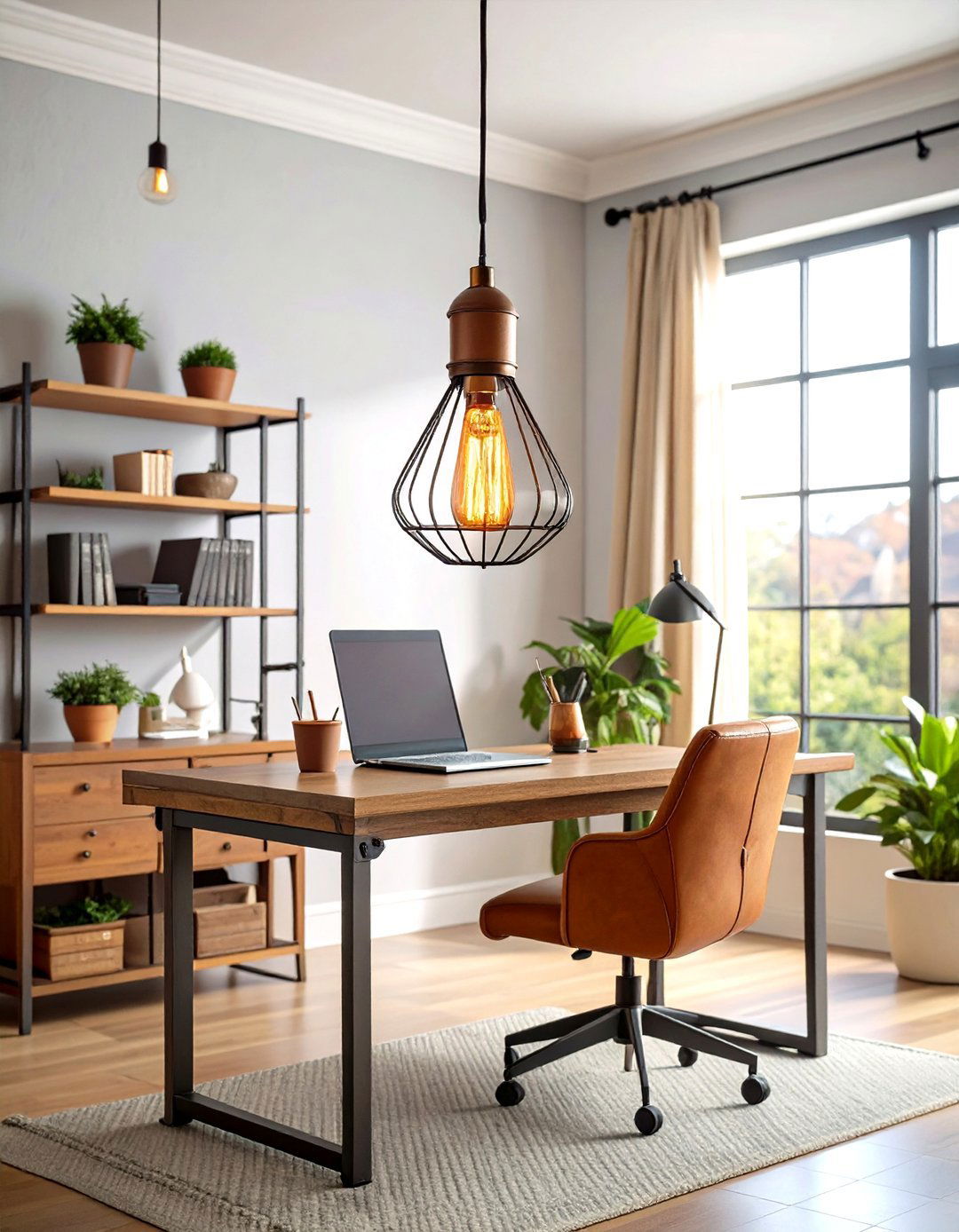Edison Bulb Lighting Fixtures Over Desk - 20 Rustic Home Office Ideas