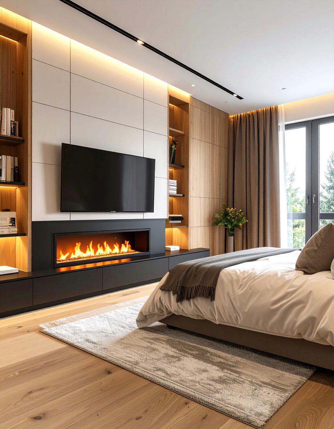 Electric Bedroom Fireplace with TV Alcove Above - 20 Bedroom Fireplace Ideas