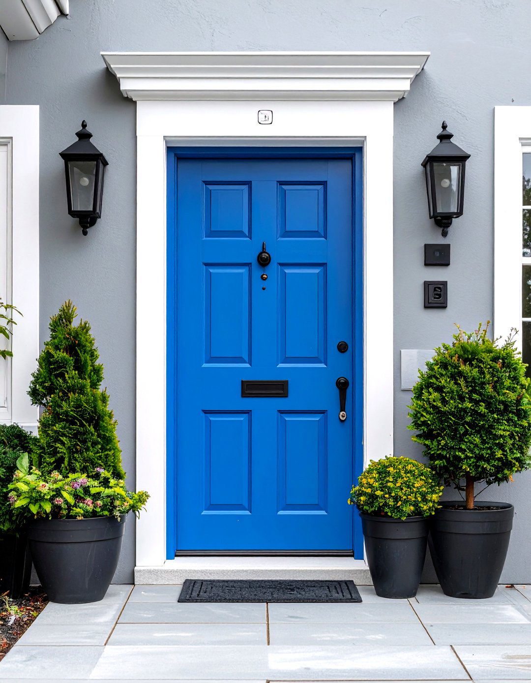 Electric Blue Door on Soft Grey Home - 20 Grey House With Blue Door Ideas