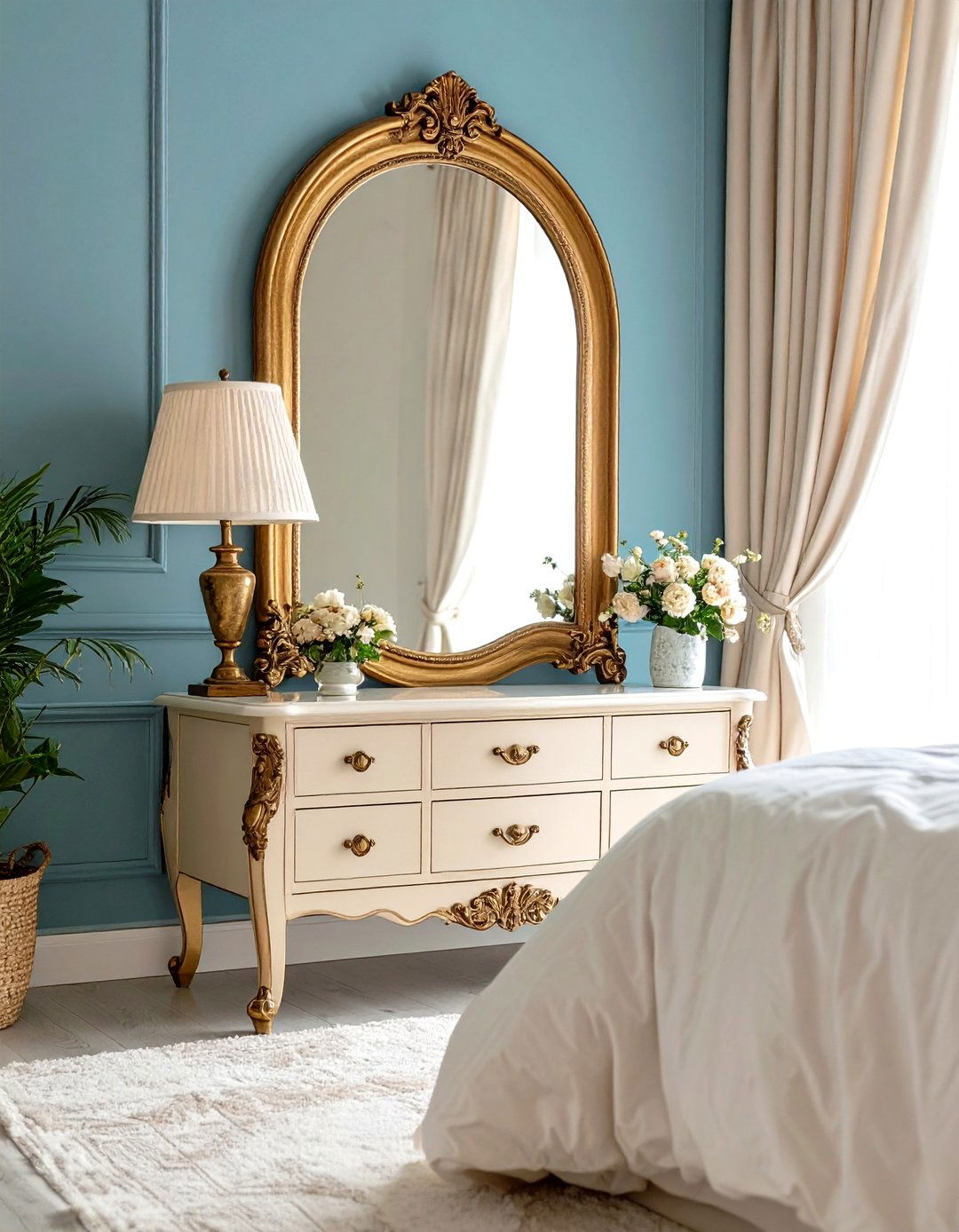 Elegant Arched Mirror Behind Nightstand Design - 20 Mirror Behind Nightstand Design Ideas