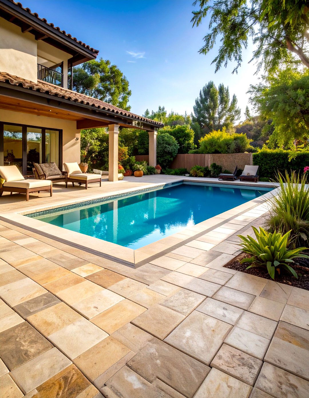 Elegant Basketweave Limestone Pavers Around Pool Layout - 20 Pavers Around Pool Ideas