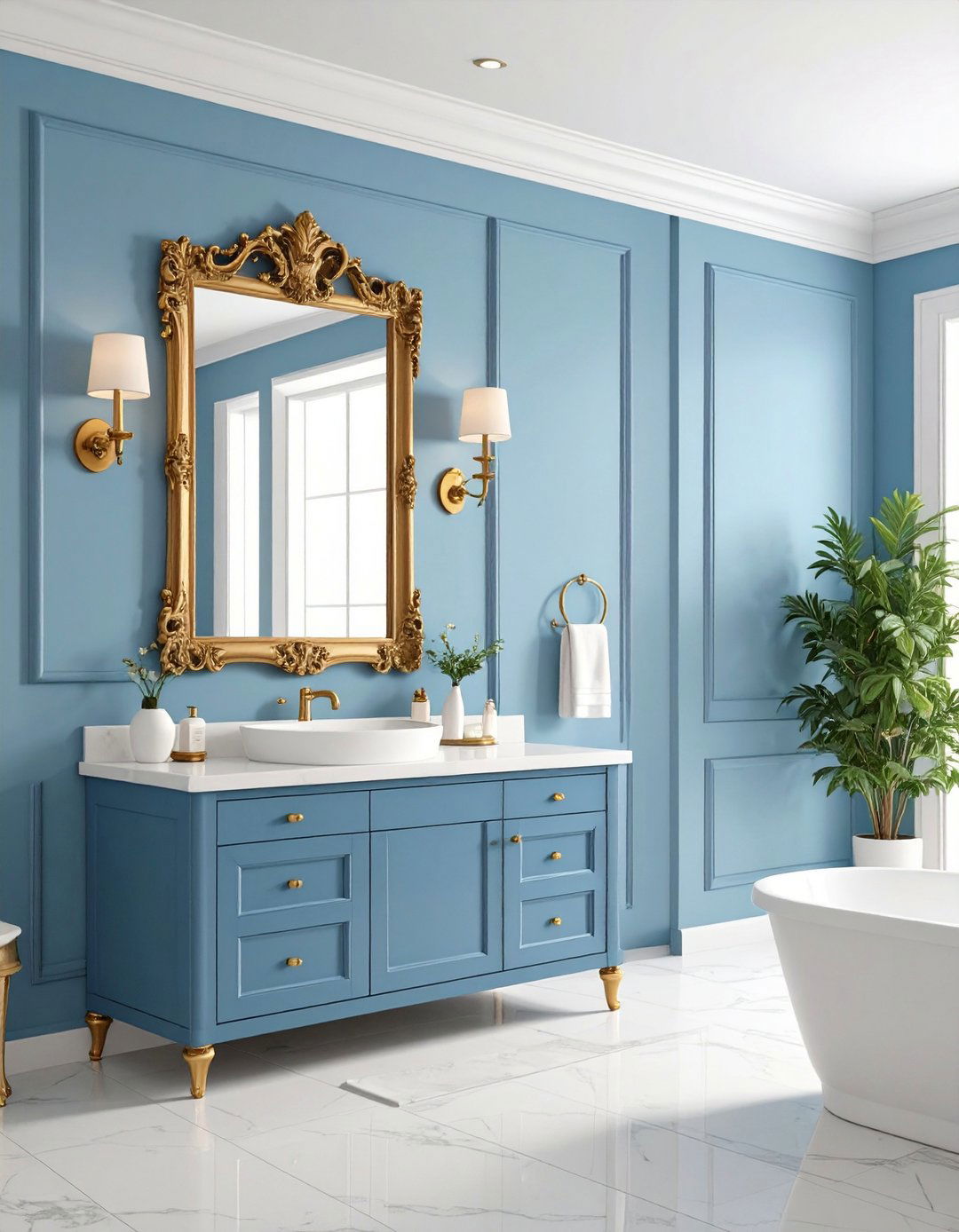 Elegant Gold Frame Mirrors against Light Blue Walls - 20 Blue and Gold Bathroom Ideas