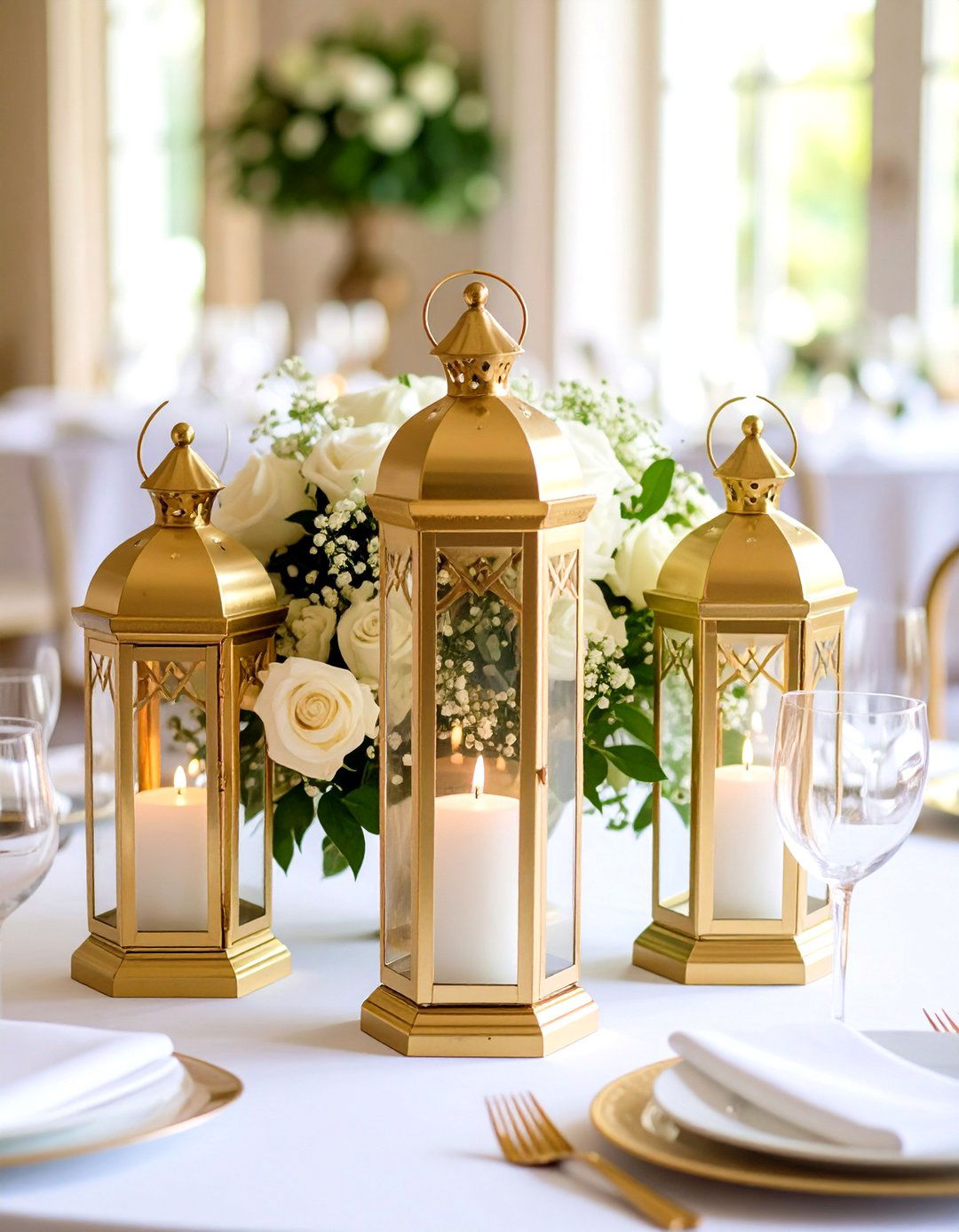Elegant Gold Lantern Centerpiece with White Rose Arrangements - 20 Lantern Centerpiece Ideas