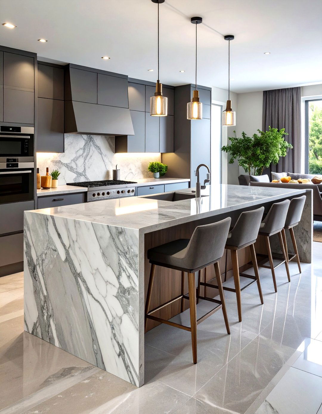 Elegant Grey Marble Waterfall Kitchen Island with Subtle Sophistication - 20 Waterfall Kitchen Island Ideas