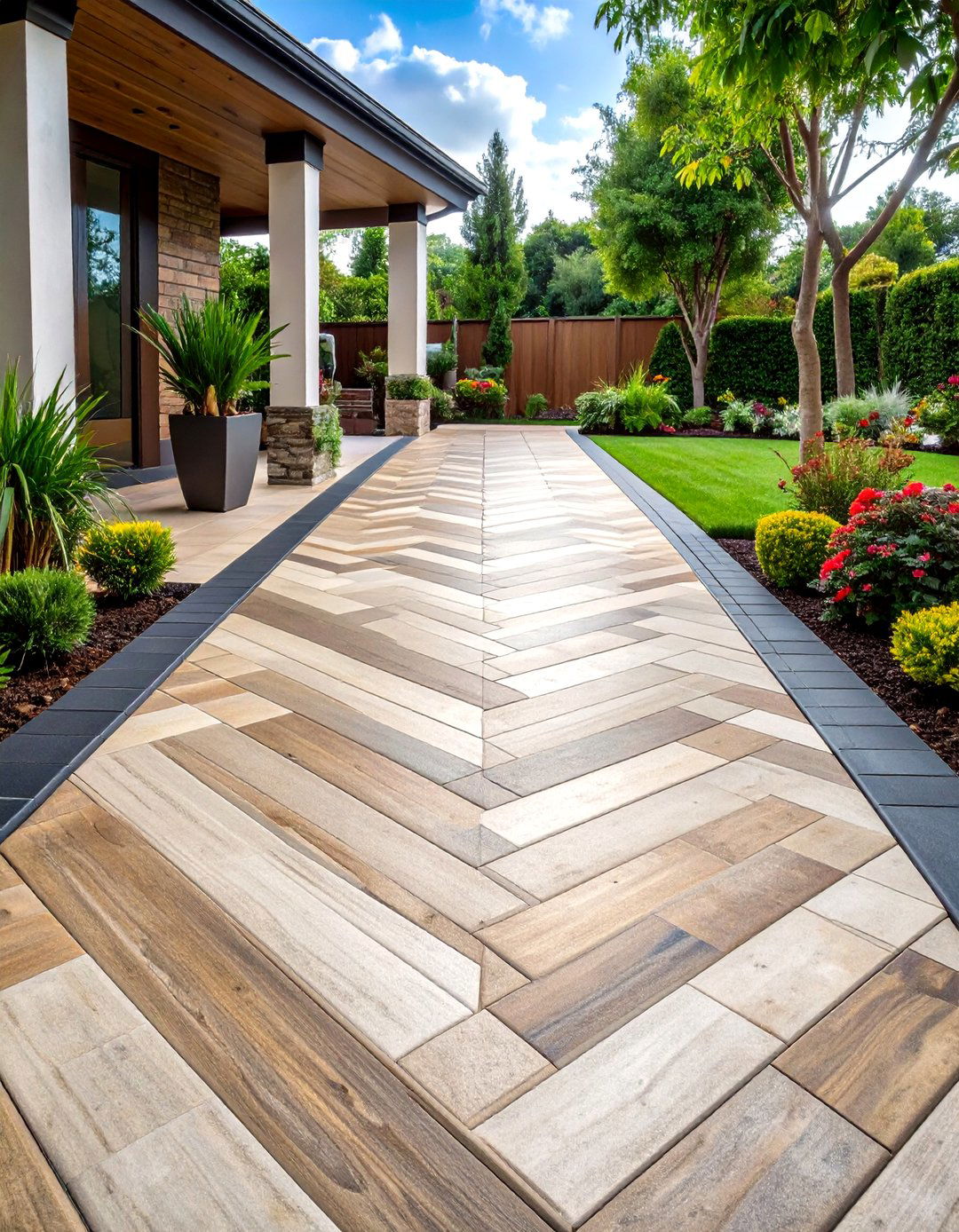 Elegant Herringbone Concrete Paver Walkway - 20 Concrete Paver Walkway Ideas
