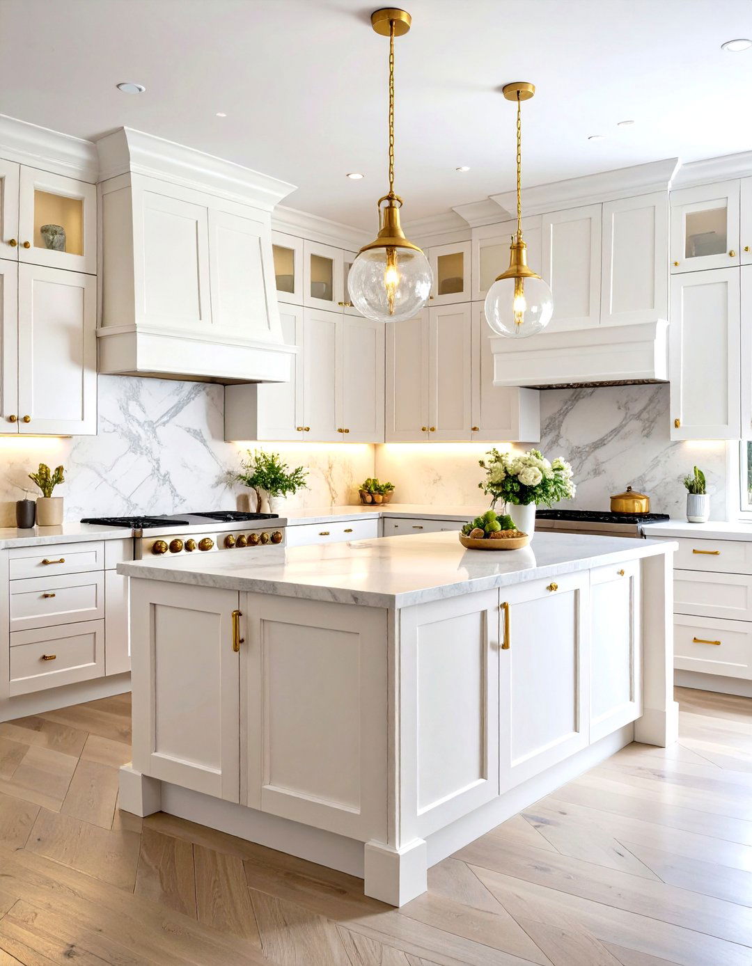 Elegant White Farmhouse Kitchen with Marble Waterfall Island - 20 White Farmhouse Kitchen Ideas